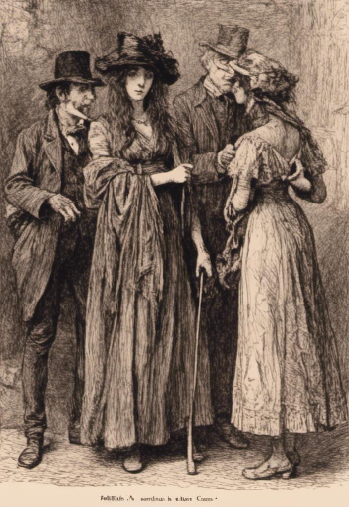 Prompt: <mymodel> a drawing of a group of people standing around a man in a hat and dress with a cane and a cane, Adolphe Willette, pre-raphaelitism, set in 1860, an etching