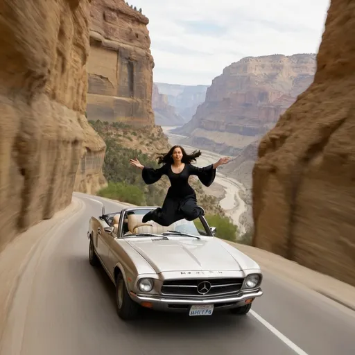 Prompt: Mona Lisa  jumping over a canyon while 
 she is driving a convertible 