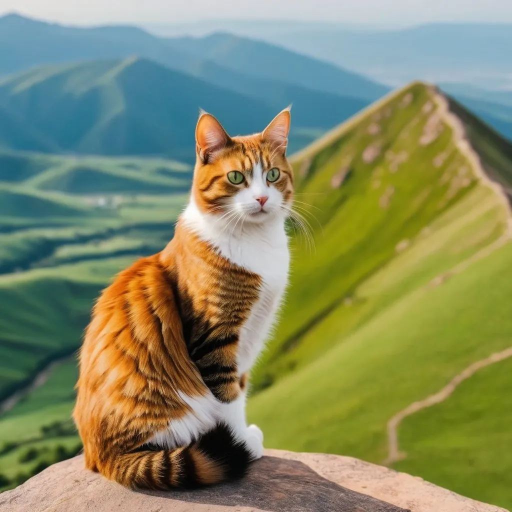 Prompt: a detailed photo of cat sitting facing us on the highest pointed mountain peak overlook green plains