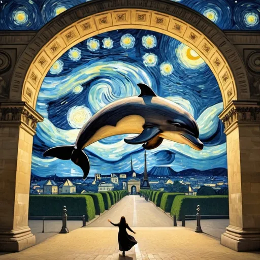 Prompt: Mona Lisa riding a  dolphin through the Arc de Triomphe in the style of "The Starry Night" by Vincent van Gogh