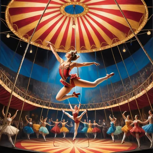 Prompt:  Create a UHD, 64K, professional oil painting in the style of Carl Heinrich Bloch, blending the American Barbizon School and Flemish Baroque influences. Depict a historical scene of a woman performing as a flying trapeze artist in a grand circus. The foreground features the trapeze artist, a graceful and poised woman dressed in a sparkling, form-fitting costume with elegant patterns and vibrant colors, reminiscent of the late 19th to early 20th century circus attire. She is mid-air, her body arched in a stunning pose as she swings from the trapeze bar.

In the center, capture the tension and excitement of the performance, with another trapeze artist reaching out to catch her, both displaying incredible strength and agility. The ropes and bars of the trapeze are detailed, showing the complexity of the apparatus and the skill required to perform.

The background shows the interior of the circus tent, filled with an enthralled audience. The tent is richly decorated, with colorful banners and twinkling lights adding to the festive atmosphere. The audience is seated on wooden benches, their faces lit with awe and excitement as they watch the daring act unfold above them.

The lighting is dramatic, casting dynamic shadows and highlighting the sparkling costume of the trapeze artist, the glistening muscles of the performers, and the vibrant colors of the tent. The painting should evoke a sense of wonder, admiration, and the exhilarating thrill of the trapeze performance, celebrating the artistry and daring of the circus performers.


