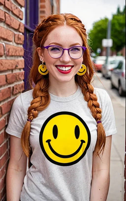 Prompt: 25-year-old woman with earrings 1970s smiley face yellow, green eyes. cover with dark freckle. long ginger hair ginger in a superbly done French braid.. wearing lipstick red broad rimmed eyeglasses purple with purple frames. and a smiley face on her shirt is standing by a brick wall and smiling at the camera, Ella Guru, verdadism, cheerful, a stock photo