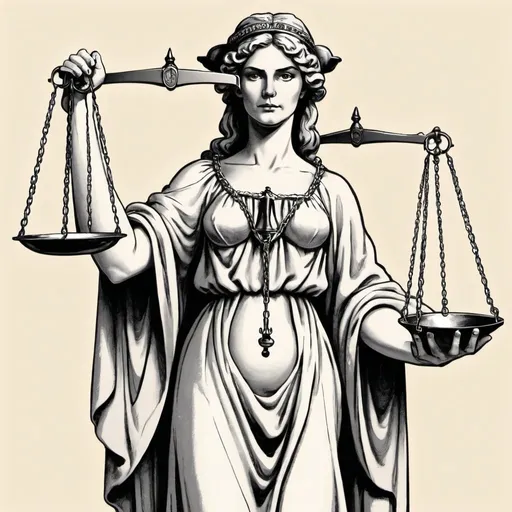 Prompt: A political cartoon,  Lady Justice,  full wool robe,  holding,  a Pair Of Scales,



