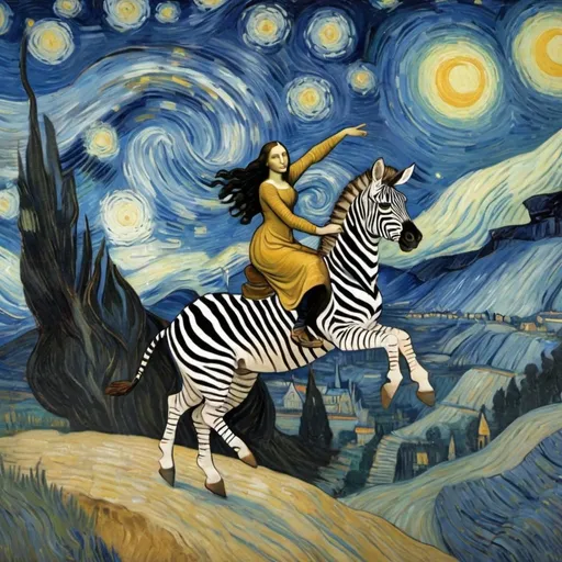 Prompt: Mona Lisa riding a  Zebra that is jumping over a canyon in "The Starry Night" by Vincent van Gogh
