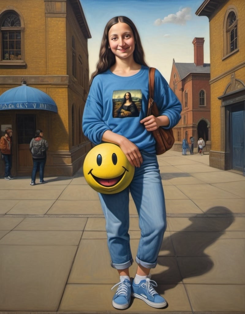 Prompt: a full-length portrait painting,
Mona Lisa,
standing on the sidewalk outside the 	Globe Theatre, 
smiley face  t-shirt, 
long blue jean,
blue tennis shoes,
academic art, renaissance oil painting