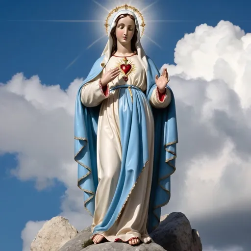 Prompt: The most holy Virgin Mary full of grace with her immaculate heart, standing on a rock with clouds in the background,