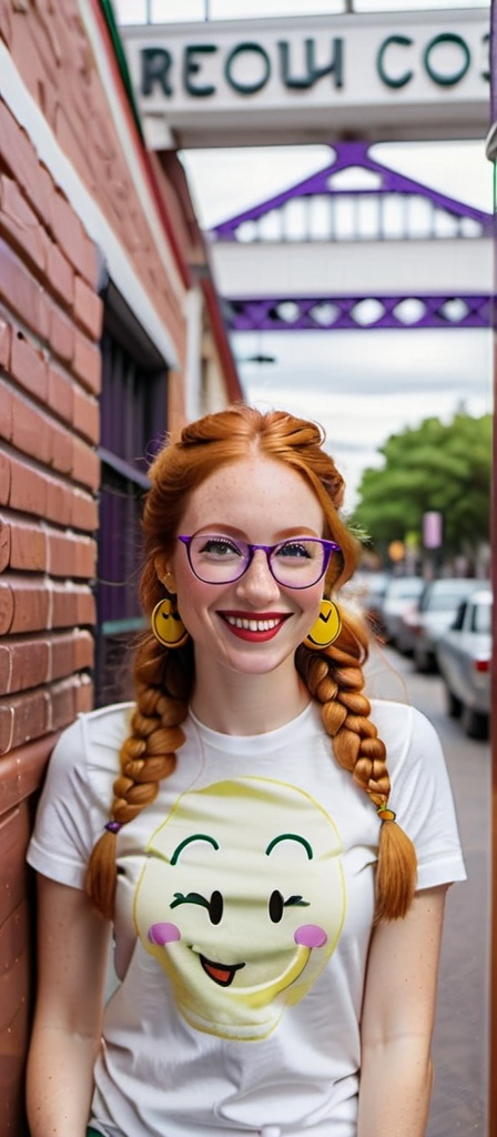 Prompt:  portrait of a smiling 27 year-old woman. green eyes. cover with dark freckle. long ginger hair ginger in a French braid.   wearing  red lipstick. purple broad rimmed eyeglasses.  1970s yellow smiley face earrings,  and  white t-shirt with a 1970s yellow smiley face. photo.