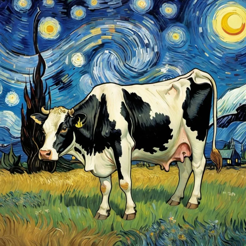 Prompt: cow tipping in "The Starry Night" by Vincent van Gogh