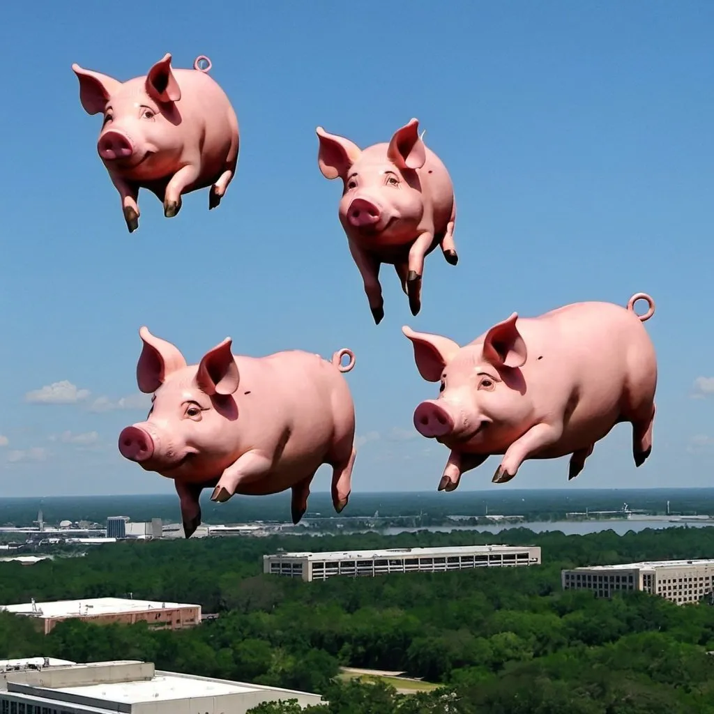 Prompt: three pigs flying over baton rouge louisiana 
