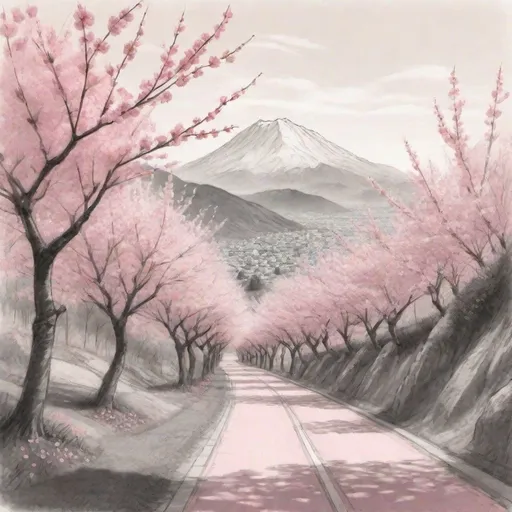 Prompt:  A very rough pencil sketch of a road in a lovely cherry blossom forest  with a mountain in the background and pink flowers on the trees lining the path and a city in the distance, 