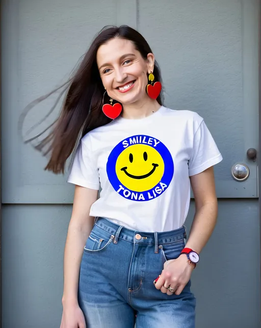 Prompt: portrait,  
( Mona Lisa), 
(walking on the moon ),
(earrings with a smiley face on it's earring hooks),  
(smiley-face t-shirt), 
(long blue jean), 
(red and blue tennis shoes),
photo
