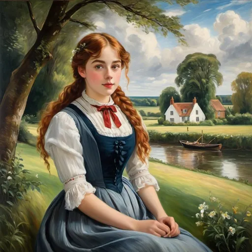Prompt: Create a UHD, 64K, professional oil  painting in the style of John Constable, Romanticism, depict  the fictional character Anne Shirley (by L.M. Montgomery, 1908)