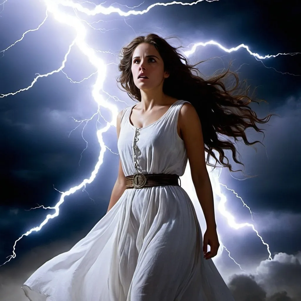 Prompt: "Her countenance was like lightning and her raiment white as snow: and for fear of her the keepers did shake and became as dead men."

The Bible, Matthew 28:3-4
