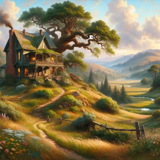 Prompt: Create a UHD, 64K, professional oil painting in the style of Carl Heinrich Bloch, blending influences from the American Barbizon School and the Hudson River School. Depict a charming, rustic home situated on a gentle hill. The house is a quaint, two-story structure with a welcoming front porch and smoke curling up from the chimney, suggesting warmth and coziness within.

In the foreground, wildflowers and tall grasses sway in the breeze, creating a picturesque and serene environment. A large, ancient oak tree with gnarled branches stands nearby, its roots partially exposed and its leaves casting dappled shadows on the ground. A dirt path winds its way up the hill, leading to the front door, lined with blooming flowers and neatly trimmed bushes.

The midground features rolling hills and a meandering stream, reflecting the sky's colors and adding to the idyllic landscape. In the background, majestic mountains rise up, their peaks touching the sky and adding a sense of grandeur and depth to the scene.

The sky is painted in soft hues of dawn, with the first light of daybreak casting a golden glow over the entire landscape. The atmosphere captures the tranquility and beauty of rural life, emphasizing the harmony between the home and its natural surroundings. Birds can be seen in flight, and a small garden next to the house suggests self-sufficiency and a close connection to nature.