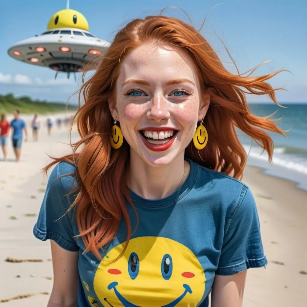 Prompt: photorealistic portrait of a [(27 year-old woman),  (cover with dark freckle), (green eyes), (long ginger hair), (red lipstick), (a smile on her face),(earrings with a SMILEY face on it's earring hooks), (smiley  T-shirt), (long blue jean), (red and blue tennis shoes),]on the beach, looking very excited at an attacking UFO