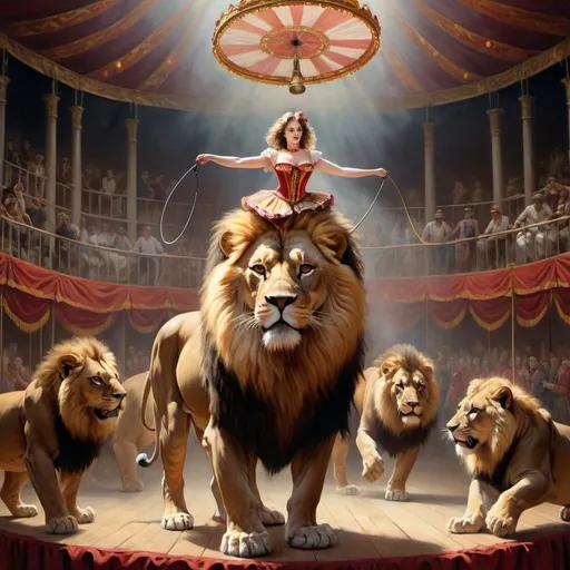 Prompt: Create a UHD, 64K, professional oil painting in the style of Carl Heinrich Bloch, blending the American Barbizon School and Flemish Baroque influences. Depict a historical scene of a woman working as a lion tamer in a grand circus. The foreground features the lion tamer, a strong and confident woman dressed in a vibrant, ornate costume with gold and red accents, reminiscent of the late 19th to early 20th century circus attire. She holds a whip in one hand and a hoop in the other, demonstrating her control and skill.

In the center, several majestic lions are positioned around her, some sitting obediently while others leap through the hoop she holds, capturing the action and excitement of the performance. The lions are meticulously detailed, their powerful muscles and fierce expressions contrasting with the calm authority of the tamer.

The background shows the bustling interior of the circus tent, with an audience seated on wooden benches, their faces filled with awe and anticipation. The tent's fabric is richly colored, with intricate patterns and billowing drapes, and the warm, glowing light of oil lamps adds to the magical atmosphere.

The atmosphere captures the thrill and danger of the circus act, with dynamic lighting casting dramatic shadows and enhancing the textures of the scene. The painting should evoke a sense of wonder and admiration for the bravery and artistry of the lion tamer, celebrating her unique role in the vibrant world of the circus.