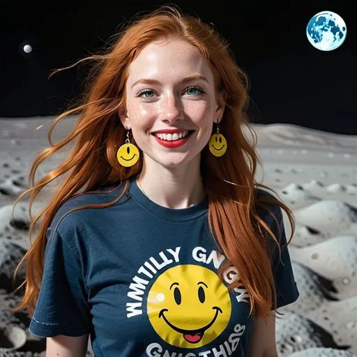 Prompt: portrait,  
(27 year-old woman), 
(walking on the moon ),
(cover with dark freckle), 
(green eyes), 
(long ginger hair), 
(red lipstick), 
(a smile on her face), 
(earrings with a smiley face on it's earring hooks),  
(smiley-face t-shirt), 
(long blue jean), 
(red and blue tennis shoes),
photo
