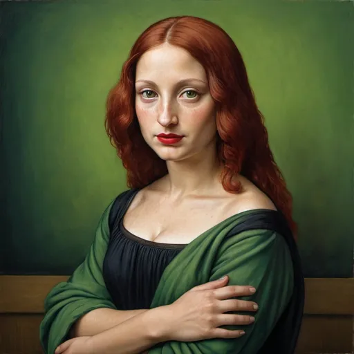 Prompt: portrait painting, Mona Lisa,  torso, folded hands in lap, dark freckle, red hair, green eyes, red lipstick,