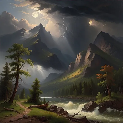 Prompt: Create a UHD, 64K, professional oil painting in the style of Albert Bierstadt, Hudson River School, american scene painting, Depict a It was a stormy night
The storm roared and rumbled in the mountains The storm increased The thunder rolled and the rain continued to beat with unabated fury
and the moon had sunk behind the dark summits of the mountains
 leaving only a dim and uncertain light.

