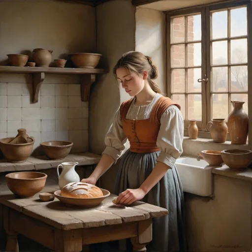 Prompt: The painting depicts a robust young woman in a humble kitchen, engrossed in the simple yet profound act of pouring milk.

The scene is bathed in soft, natural light filtering through a window, casting gentle shadows and highlighting the textures and details with stunning precision. The artist’s brushwork captures the delicate interplay of light and shadow, creating a serene, almost meditative atmosphere. The milkmaid herself is a picture of quiet dignity and concentration, her face reflecting a sense of calm and purpose. Her clothing, rendered in rich, warm hues, contrasts beautifully with the cool, muted tones of the background, drawing the viewer’s eye to her graceful figure.

The kitchen is modestly furnished, with rustic elements that suggest the simplicity and austerity of everyday life in 17th century Holland. A sturdy wooden table, on which sits a ceramic jug and a loaf of bread, anchors the composition. The artist’s meticulous attention to detail is evident in the intricate patterns of the bread’s crust and the subtle variations in the texture of the milk being poured. Every element in the painting, from the worn tiles on the floor to the faint cracks in the plastered walls, is rendered with exquisite realism.

This painting, though created by an unknown hand, evokes a deep sense of tranquility and reverence for the mundane. It speaks to the timeless beauty found in ordinary moments and the profound dignity of daily labor. It’s a masterful testament to the artist’s skill in capturing the essence of a simple, yet deeply meaningful, human experience. In this universe, this piece stands as a celebrated masterpiece, an enduring symbol of the grace and beauty that lies within the everyday.