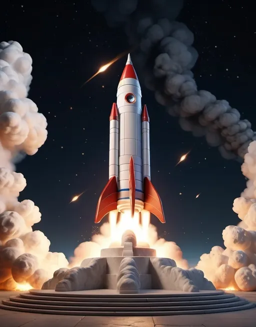 Prompt: Marble statue of  a of a rocket is being launched on a clear night with fire and smoke billowing out of it's back, ancient beauty, classical, sophisticated, traditional sculpture, elegant, natural lighting, 3d blender render, 