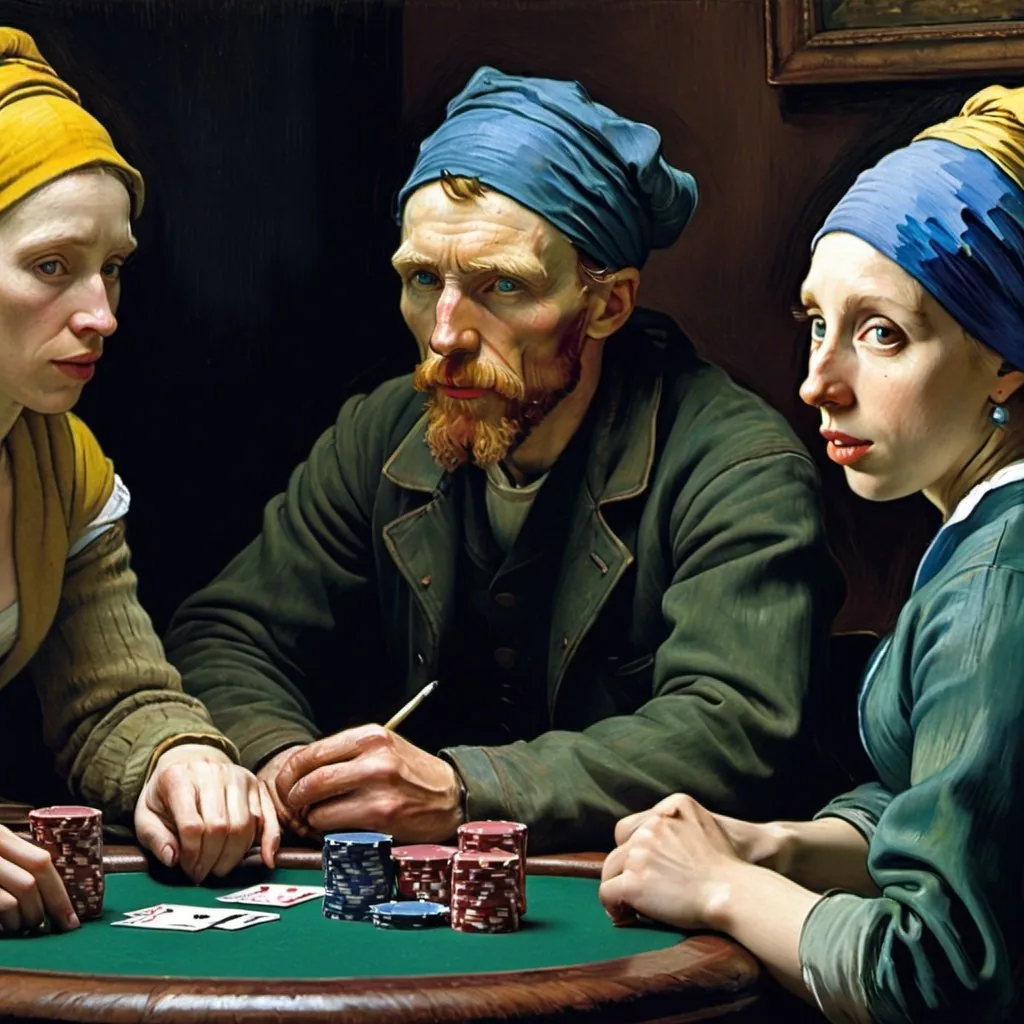 Prompt: " "Vincent van Gogh", and "the girl with the pearl earring" playing poker