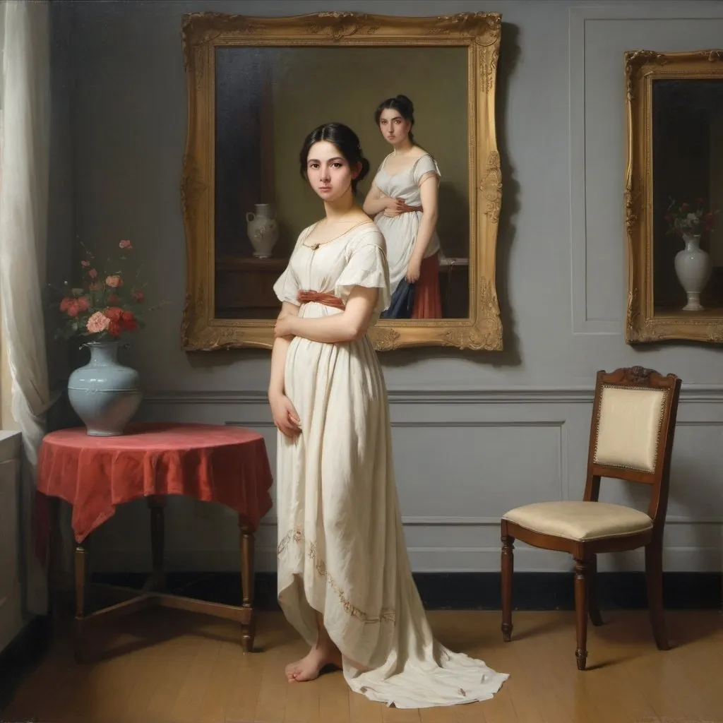 Prompt: a painting of a woman in a dress standing in a room with a chair and a table with a vase on it, Apelles, american barbizon school,Gu Hongzhong, bouguereau, a painting