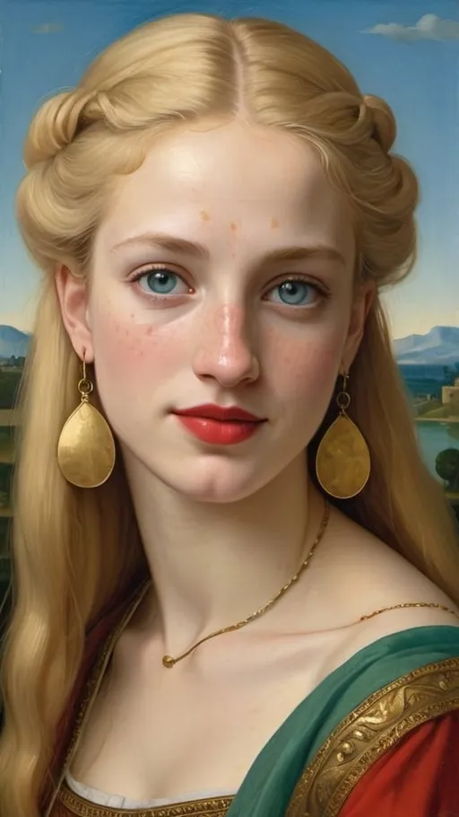 Prompt: a half-length portrait painting  of Helen of Troy cover with dark freckle blue eyes  long blonde hair red lipstick  on a smile on her face, "gold earrings" with a green background and a blue sky, Fra Bartolomeo, academic art, renaissance oil painting, a painting in the style of  Mona Lisa