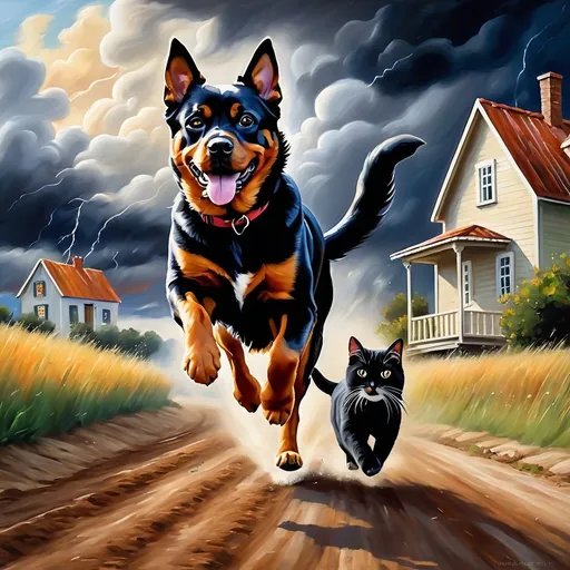 Prompt: a  painting of a scene from a cat seeing himself  in a dream,
chasing away a  rottweiler the dog is running away from the cat on a dirt road with a house in the background and a storm cloud in the sky, , 
oil painting,
UHD,
64K