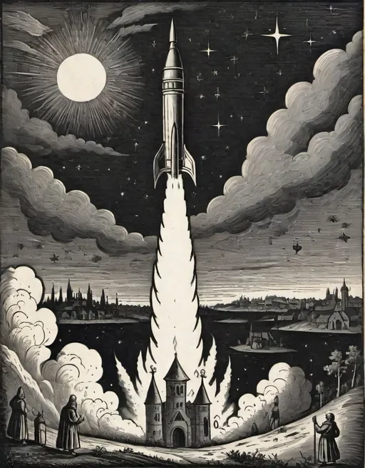 Prompt: a  black and white 14th century wood cut print of a rocket is being launched on a clear night with fire and smoke billowing out of it's back end,
14th century wood cut print

