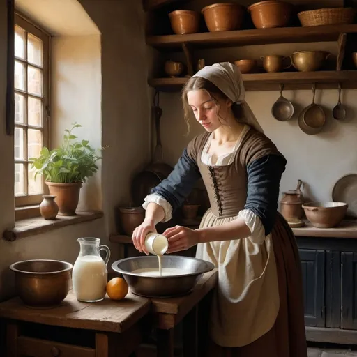 Prompt: A painting of a young woman pouring milk in a humble kitchen, with soft, natural light filtering through a window. The setting is a modest 17th-century Dutch kitchen, with rich, warm hues for the clothing and cool, muted tones for the background, rendered in exquisite realism.