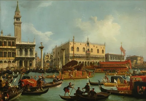 Prompt: Create a vibrant and detailed painting of a bustling Venetian scene reminiscent of Canaletto's style. The composition should include a grand canal filled with gondolas and other boats, showcasing a lively procession or festival. On the left, depict the majestic Campanile di San Marco rising above the scene, and to the right, include the ornate Doge's Palace with its distinctive Gothic architecture. Populate the scene with people dressed in period-appropriate clothing, engaging in various activities such as rowing, conversing, and celebrating. The water should reflect the vivid colors of the boats and buildings, adding to the dynamic atmosphere. Ensure the sky is clear with soft clouds, allowing the sunlight to enhance the architectural details and the festive mood of the scene. Capture the essence of historical Venice, emphasizing its rich culture and lively spirit.
