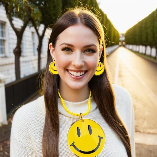 Prompt: the earrings  are yellow and  has the classic  1970s  yellow smiley face on them.

 