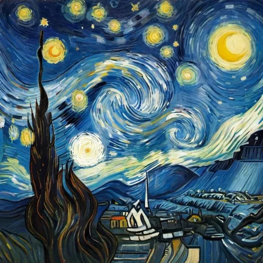 Prompt:  catching a falling star in "The Starry Night" by Vincent van Gogh