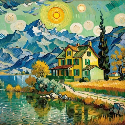 Prompt: painting of  a house  by a lake with mountains in the background and a sun above it, Vincent van Gogh, american scene painting, stormy weather, a  painting, UHD 64K