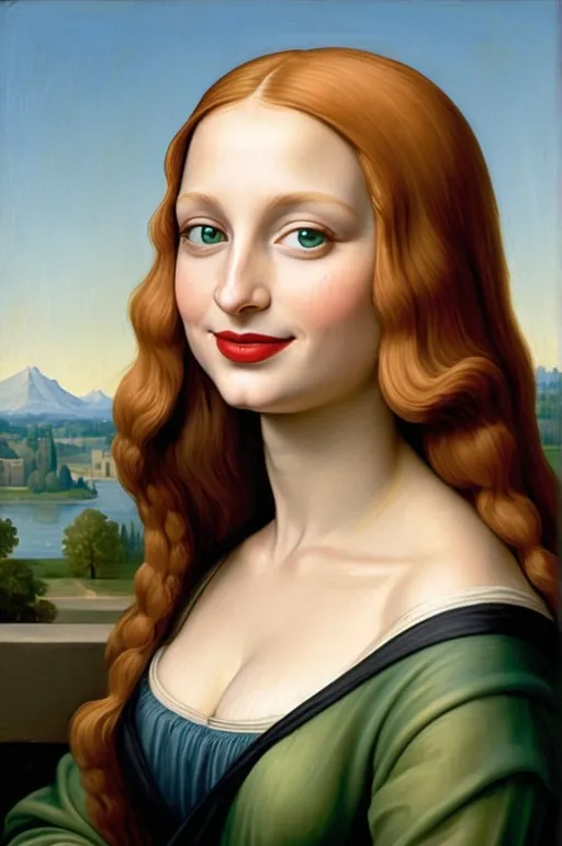 Prompt: photo  of Mona Lisa with green eyes  long ginger hair and  red lipstick on a smile on her face, with a green background and a blue sky, Fra Bartolomeo,