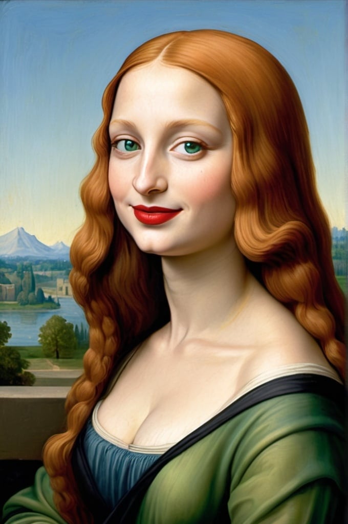 Prompt: photo  of Mona Lisa with green eyes  long ginger hair and  red lipstick on a smile on her face, with a green background and a blue sky, Fra Bartolomeo,