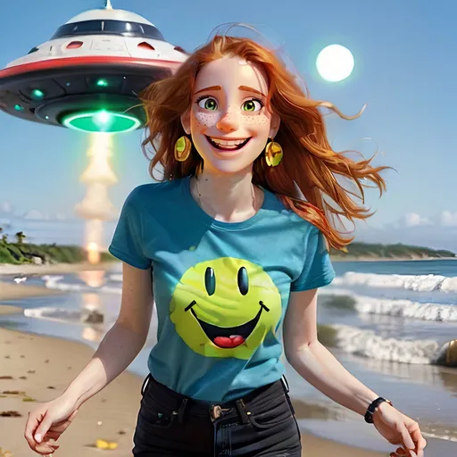 Prompt: photorealistic portrait of a [(27 year-old woman),  (cover with dark freckle), (green eyes), (long ginger hair), (red lipstick), (a smile on her face), ( smiley face earrings), (smiley-face t-shirt), (long blue jean), (red and blue tennis shoes),]on the beach, looking very excited at an attacking UFO