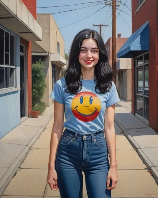 Prompt: a full-length portrait painting,
 27 year-old woman, 
standing on a dry sidewalk, 
cover with dark freckle,
 blue eyes, 
long black hair, 
red lipstick, 
a smile on her face, 
smiley-face  t-shirt, 
long blue jean,
red and blue tennis shoes,
1970s oil painting,
