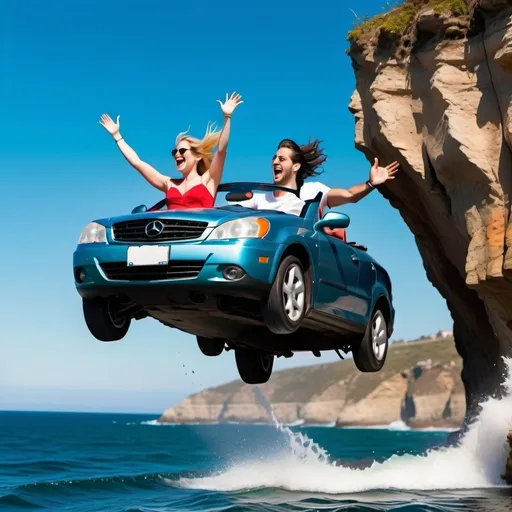 Prompt: (27 year-old woman) and  (29 year-old man)  are laughing and driving a sports convertible car off a cliff into the ocean, car flying through air towards screen, freefalling, dynamic,  photo
