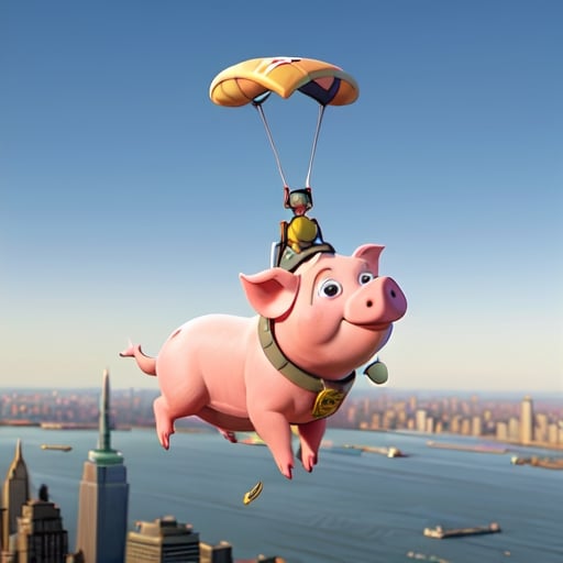 Prompt: a  pig ,  flying over New York city  on hang glider, 