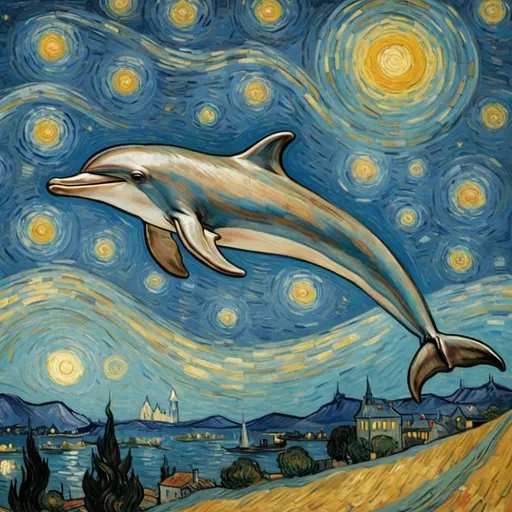 Prompt: A Dolphin  flying on a "magic carpet" in "The Starry Night" by Vincent van Gogh