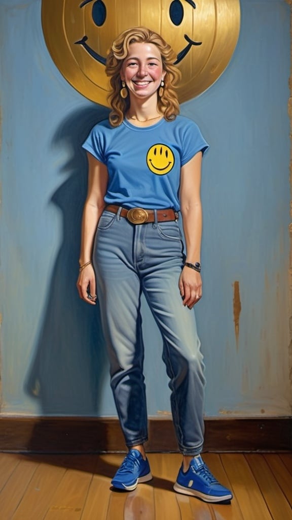 Prompt: a full-length portrait painting,
Helen of Troy,
standing a wax wood floor
a smile on her face, 
gold-earrings-with-a-smiley-face- ON-them,  
 smiley-face-T-shirt, 
long blue jean,
blue tennis shoes,
academic art, 
renaissance oil painting
