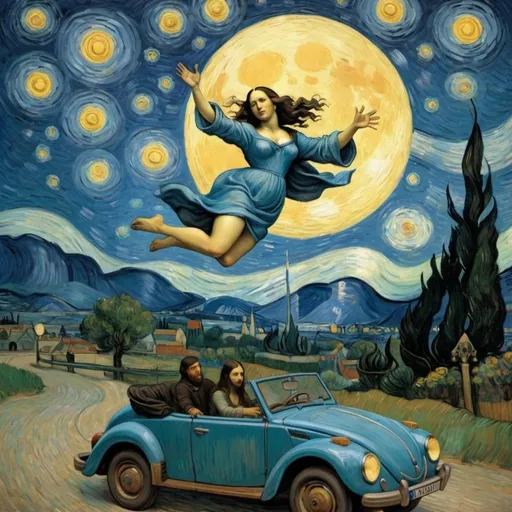 Prompt: Mona Lisa  jumping over the Moon  in convertible  in "The Starry Night" by Vincent van Gogh