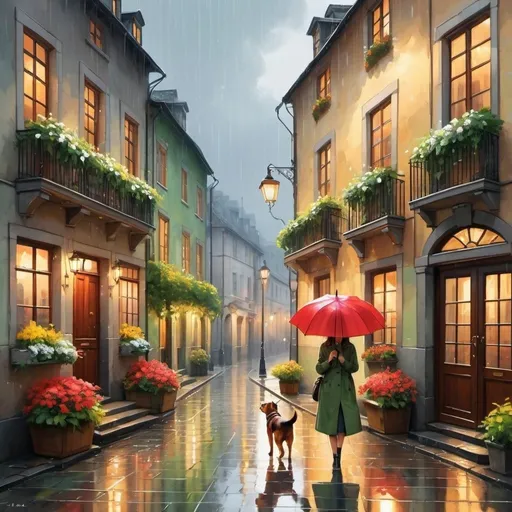 Prompt: A quaint, cobblestone street in a small European village, lined with charming, old buildings adorned with ivy and blooming window boxes. The scene is set in the early evening, with street lamps beginning to cast a warm, golden glow through the gentle rain.

Characters:

Elena: A young woman in a classic trench coat, holding a red umbrella, her expression serene as she takes in the beauty of the rain.
Oliver: A small, playful dog, splashing in the puddles beside her, his fur slick with rain.
Amelia: An elderly woman peering out from her flower shop, her eyes twinkling with nostalgia.
Details:

Rain: Soft, silver droplets, creating ripples in the puddles and a faint mist in the air.
Colors: Muted pastels of the buildings, with vibrant splashes of green from the ivy and reds and yellows from the flowers.
Textures: The glistening wet cobblestones, the fabric of Elena’s coat, and the fur of Oliver.
Light: Warm, diffused light from the street lamps, contrasting with the cool tones of the rain and the evening sky.
Art Style:

Medium: Watercolor for its ability to blend and capture the softness of the rain and light.
Techniques: Wet-on-wet for the rain and background, wet-on-dry for the finer details like Elena’s umbrella and Oliver’s fur.
Mood: A mix of calm and nostalgia, evoking the simple joys of a rainy day.
Inspiration:

Themes: Serenity, nostalgia, and the beauty found in everyday moments.
Influence: The gentle, detailed works found in Impressionism, focusing on capturing the play of light and the tranquility of the scene.
Capture the essence of a rainy day in a peaceful village, where the rain adds a layer of magic to the familiar surroundings, and the characters find joy in the simplicity of the moment.