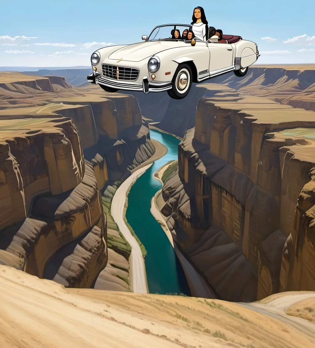 Prompt: a car is flying over a canyon with a river in it and Mona Lisa  is sitting in the in  car, Mona Lisa in the convertible. Mona Lisa's hands is on the steering wheel of the convertible. Mona Lisa is driving the convertible.