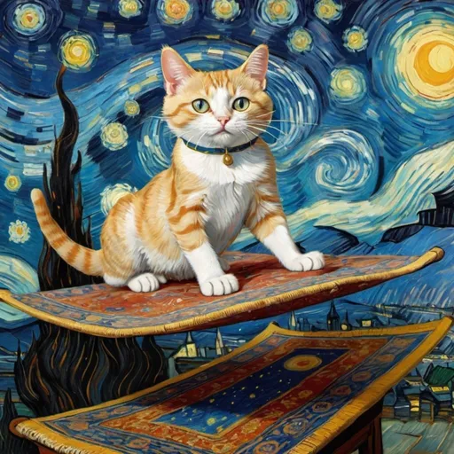 Prompt: a cat flying on a "magic carpet" in "The Starry Night" by Vincent van Gogh