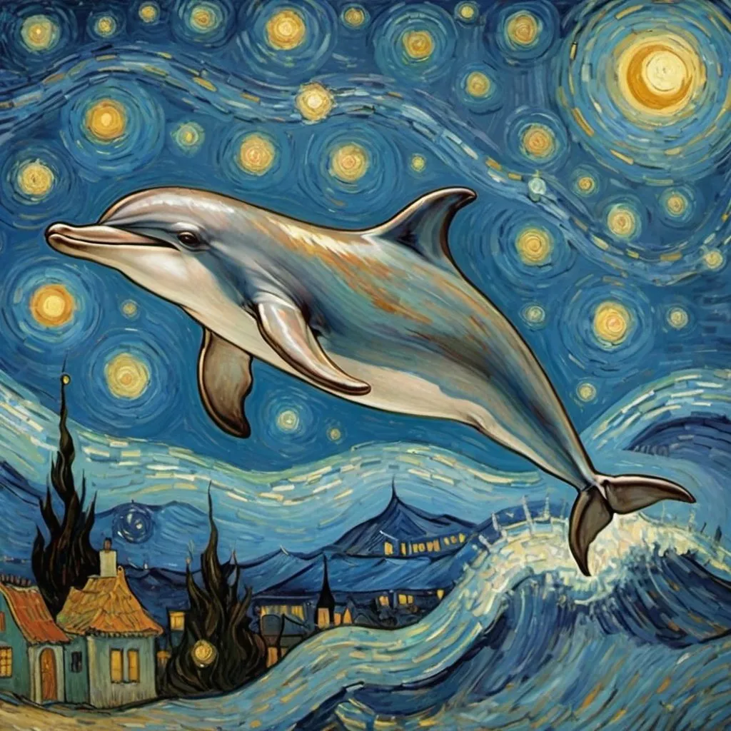 Prompt: A Dolphin  flying on a "magic carpet" in "The Starry Night" by Vincent van Gogh