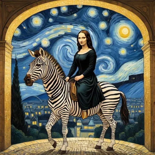 Prompt: Mona Lisa riding a zebra  through the Arc de Triomphe in the style of "The Starry Night" by Vincent van Gogh