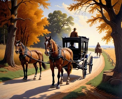 Prompt: a painting of a horse drawn carriage on a country road with a man riding in the back of it, Brothers Hildebrandt, american scene painting, highly detailed oil painting, a fine art painting